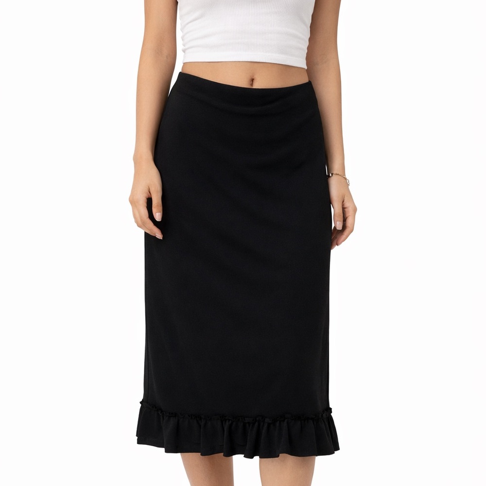 DKNY Black Ruffle-Hem Midi Skirt